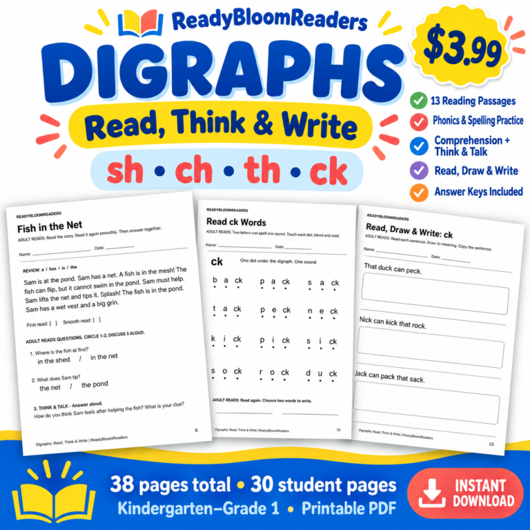 Digraphs Read, Think and Write packet for Kindergarten and Grade 1