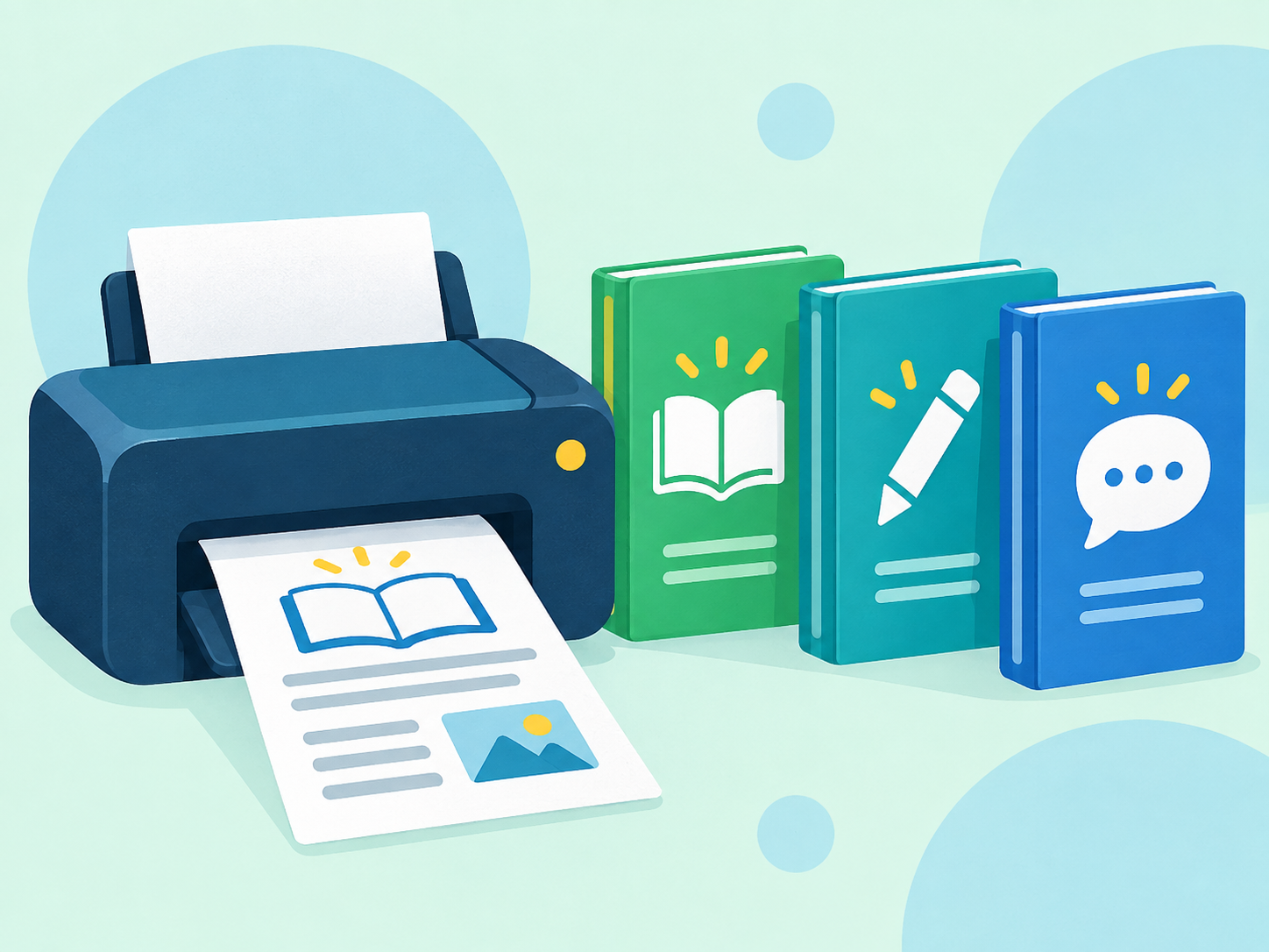 Blue printer beside green, teal, and blue reading and writing resource packets