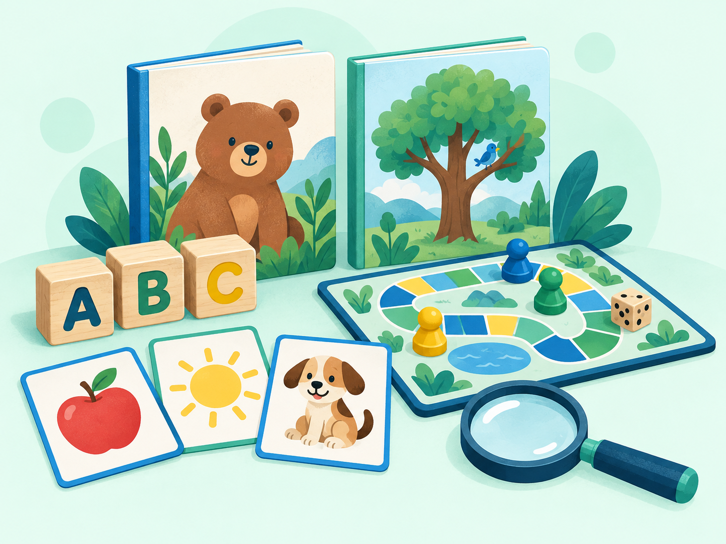 Children’s picture books, alphabet blocks, picture flashcards, and a learning game